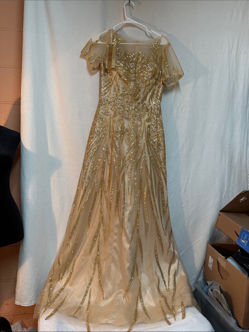 Gold Beaded Illusion Yoke Maxi Vandress Golden Dress